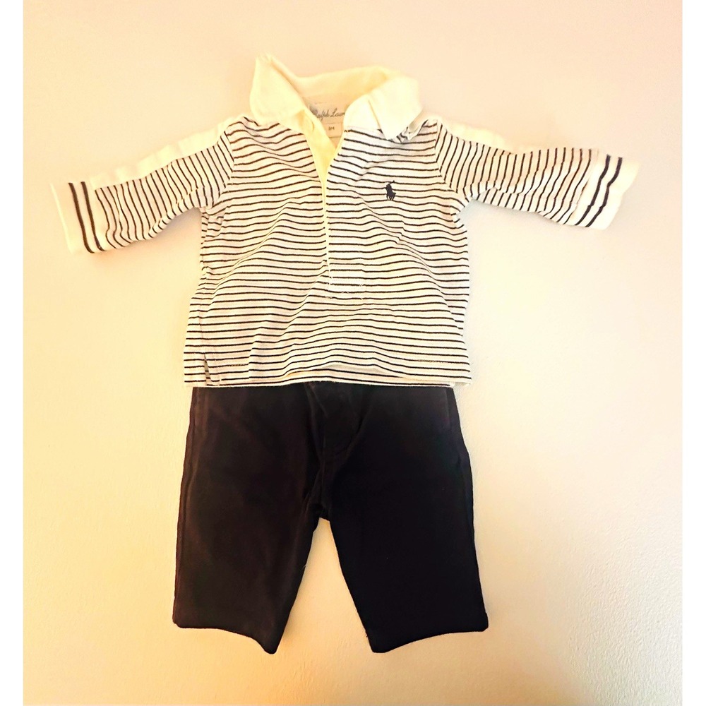Ralph Lauren Unisex 0-3M 2pc Knit Striped Shirt & Pants Set White/Navy